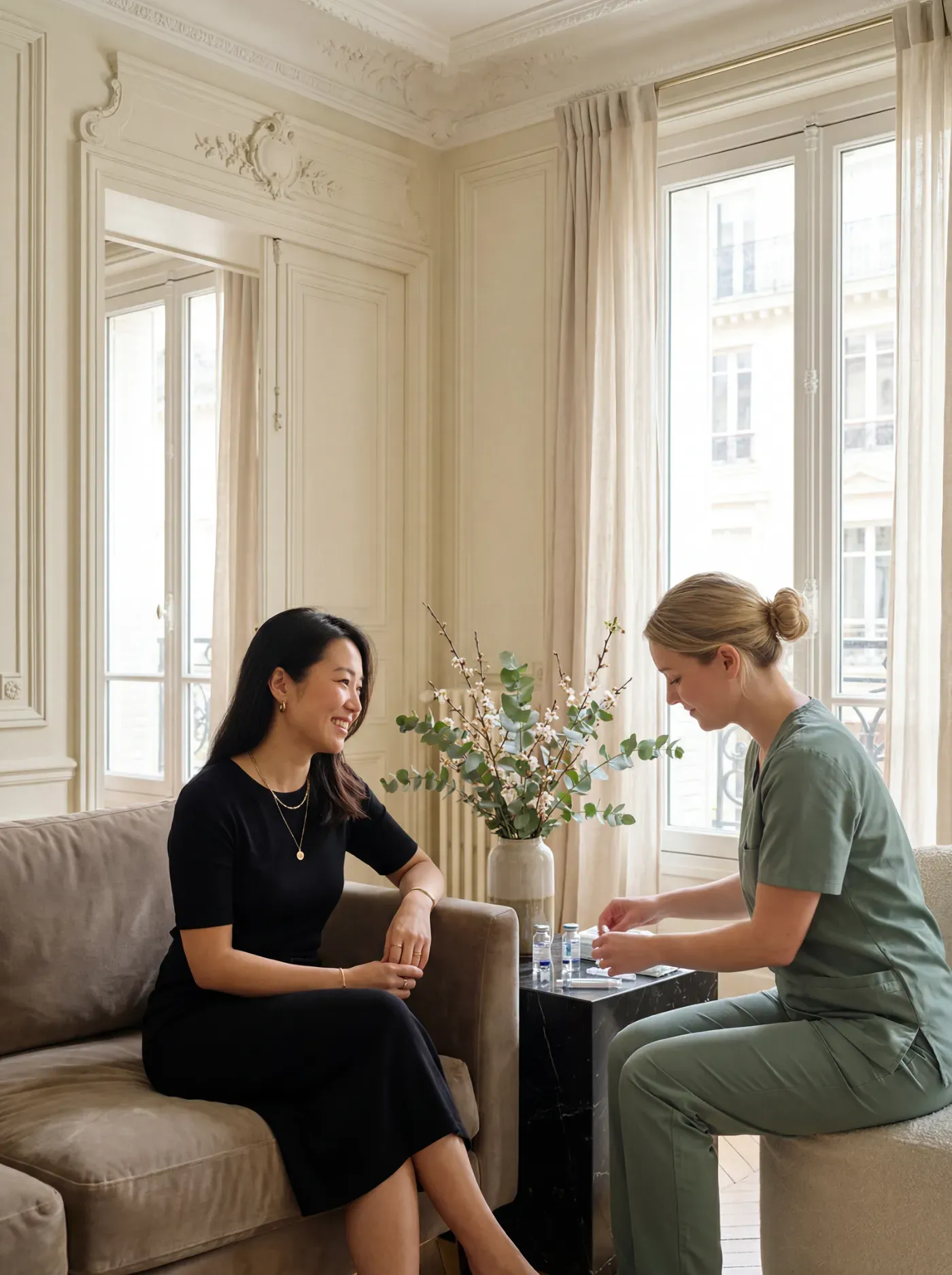 Woman having an at-home blood draw with a nurse